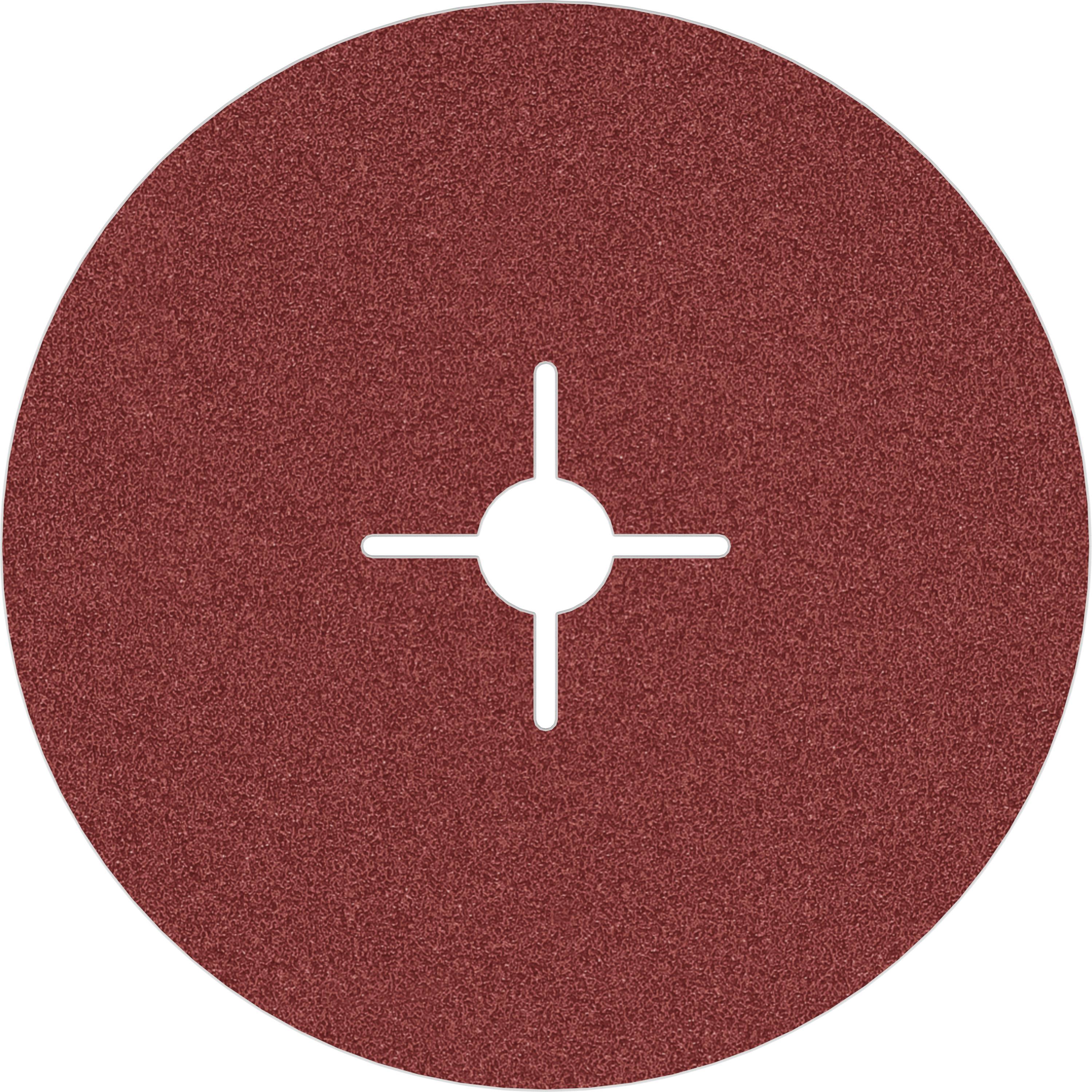 Runde Schleifscheibe mit roter Körnung, mittig mit einem Kreuz und Kreis markiert, geeignet für Schleifarbeiten an Metall oder Holz.