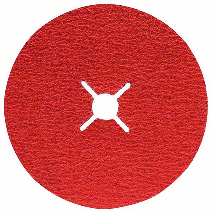 Rote Schleifscheibe mit Kreuzschlitz in der Mitte, geeignet für Bearbeitung von Metalloberflächen.