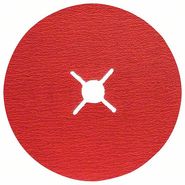 Runde rote Scheibe mit Kreuzmuster in der Mitte, vermutlich Schleifpapier oder eine ähnliche abrasive Oberfläche.