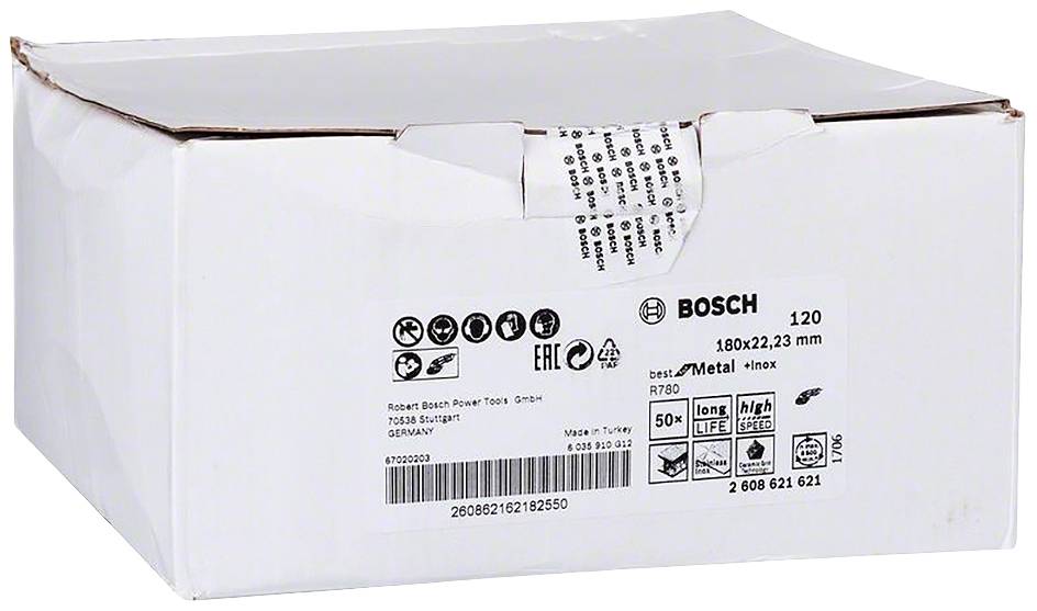 Ein weißer Karton mit einem Etikett, das Details wie 'Bosch', '180x22,23 mm' und 'Made in Turkey' zeigt. Produktverpackung für Werkzeuge.