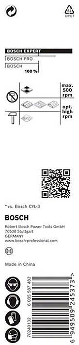 Etikettenbild mit Text: 'Bosch Expert', 'BOSCH', maximal und optimal Drehzahlen, QR-Code, und Made in China Hinweis.
