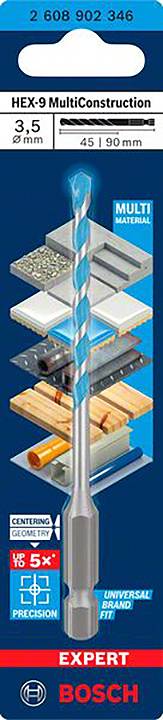 'BOSCH Expert' Bohrer 3,5 mm für Beton, Holz, Metall und Fliesen. HEX-9 MultiConstruction, Bohrer in Verpackung.