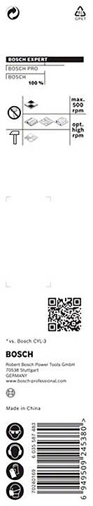 Etikett mit Bosch-Logo, QR-Code, und Barcode. Enthält Symbole für Recycling und Sicherheitswarnungen. Produkt von Bosch Power Tools.