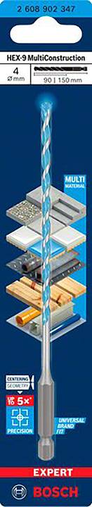 'Hex-9 MultiConstruction Bohrer' von Bosch gezeigt. Geeignet für Beton, Holz, Metall und mehr. Durchmesser 4mm, Länge 50/110mm.