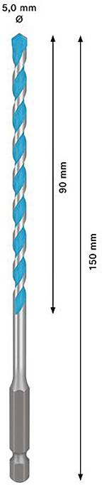 Bohrer mit blauem Spiraldesign, 5,0 mm Durchmesser, Gesamtlänge 150 mm, nutzbare Länge 90 mm. Geeignet für präzises Bohren.