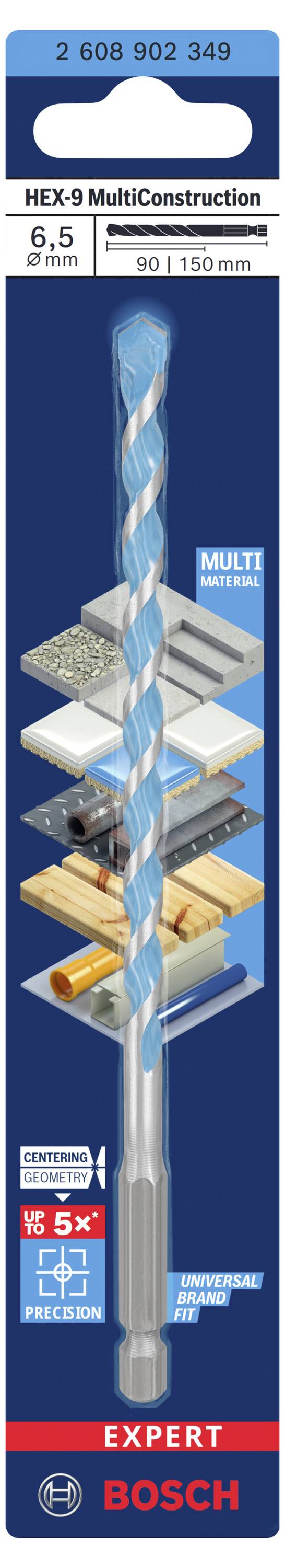 'Bosch Expert HEX-9 MultiConstruction 9,5 mm Bohrer.' Darstellung von Anwendungen: Beton, Holz, Metall, Kunststoff und Fliesen.