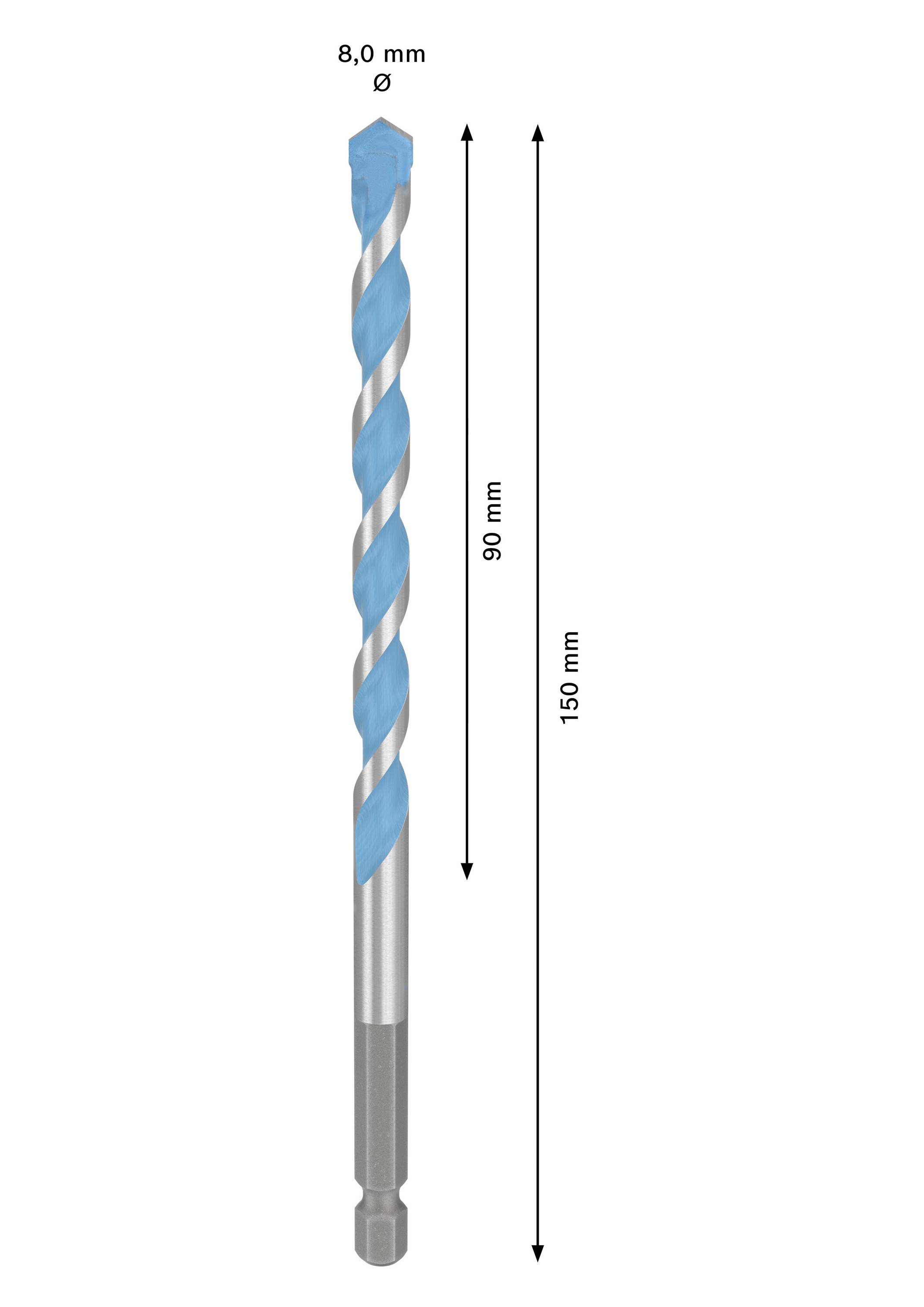 Bohrer mit spiralförmigem, blauem und silbernem Muster, 8 mm Durchmesser, 150 mm Länge. Auf der linken Seite steht ’8,0 mm Ø’, daneben Pfeile mit Längenangaben: 90 mm (blau) und 150 mm (Gesamtlänge).