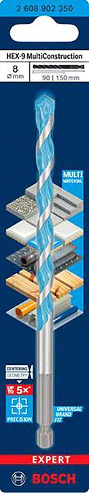 Bosch Expert MultiConstruction Bohrer HEX-9, 8mm, geeignet für Holz, Beton, Metall, Plastik, Ziegel, Fliesen; Länge: 90/150mm.