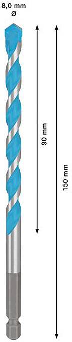 Bohrer mit blauem Spiraldesign, 8,0 mm Durchmesser, Gesamtlänge 150 mm, Arbeitslänge 90 mm, geeignet für verschiedene Materialien.