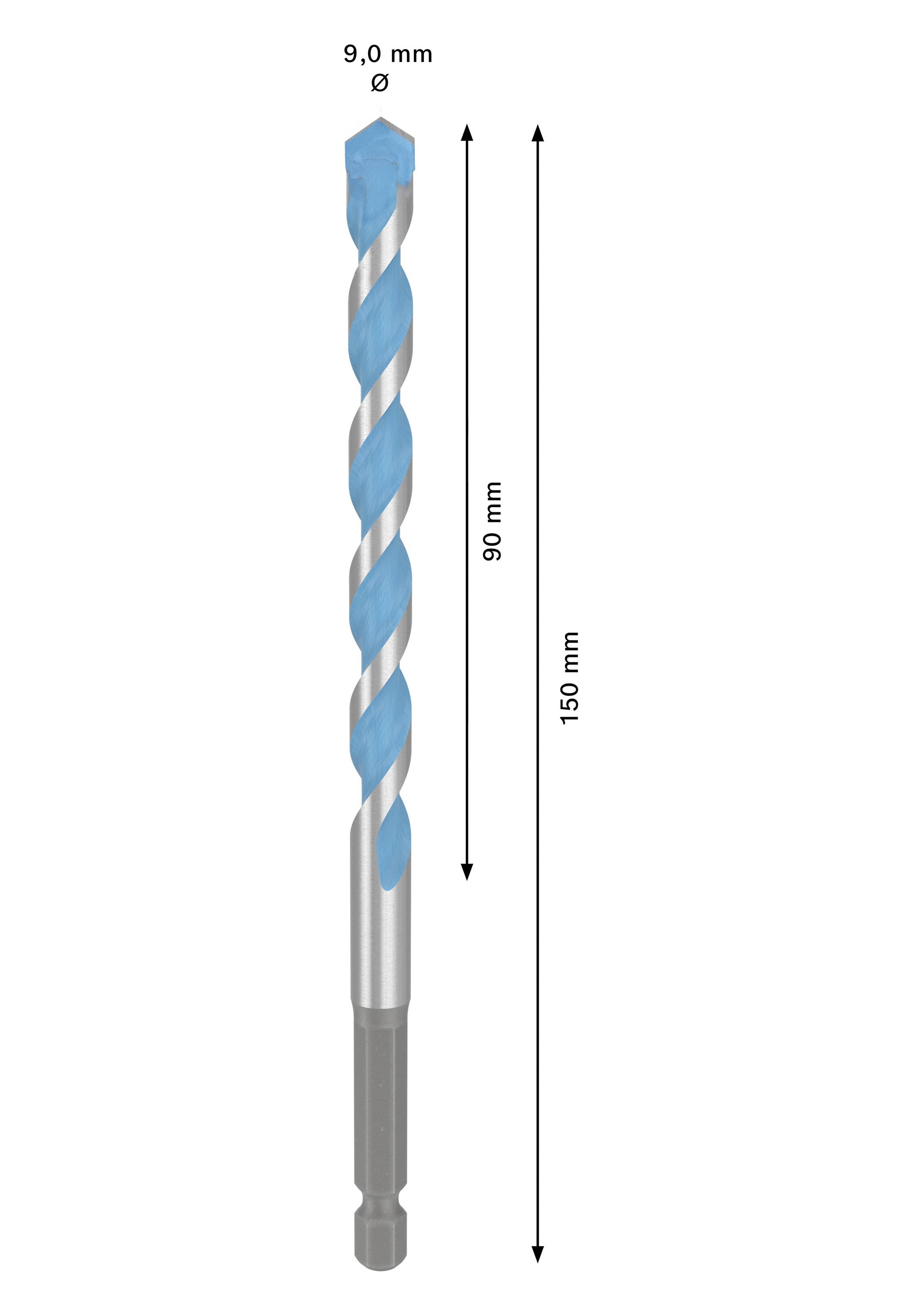 Bohrer mit 9 mm Durchmesser und 90 mm Nutzlänge. Gesamtlänge beträgt 150 mm. Geeignet für präzises Bohren in verschiedene Materialien.