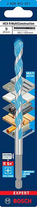 Bosch Expert HEX-9 MultiConstruction Bohrer, 9x90/150 mm, für Beton, Mauerwerk, Holz, Kunststoff und Fliesen, mit Sechskantschaft.