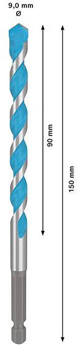 Bohrer mit blauer Spirale, Durchmesser 9,0 mm, Gesamtlänge 150 mm, Arbeitsteil 90 mm.