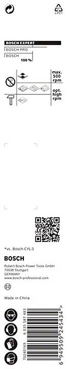 'Bosch CY3' Kunststoff-Verpackungslabel mit QR-Code und Recyclingsymbol. Enthält Herstellinformationen und Symbole zu Nutzung und Sicherheit.