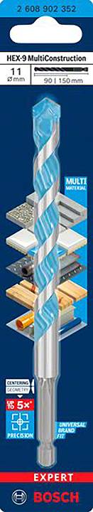 Bosch Expert HEX-9 MultiConstruction Bohrer, 11 mm, Länge 150 mm. Für Beton, Mauerwerk, Fliesen, Holz, Kunststoff, Metall geeignet.