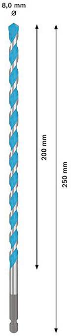 Abbildung eines Bohrers mit 6,0 mm Durchmesser und 200 mm Länge. Außenlänge beträgt 250 mm. Spiralmuster in Blau.