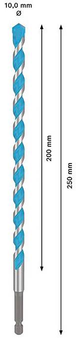 Abgebildet ist ein blau-grauer Bohrer mit einer Länge von 250 mm und einem Durchmesser von 10 mm. Die Bohrtiefe beträgt 200 mm.