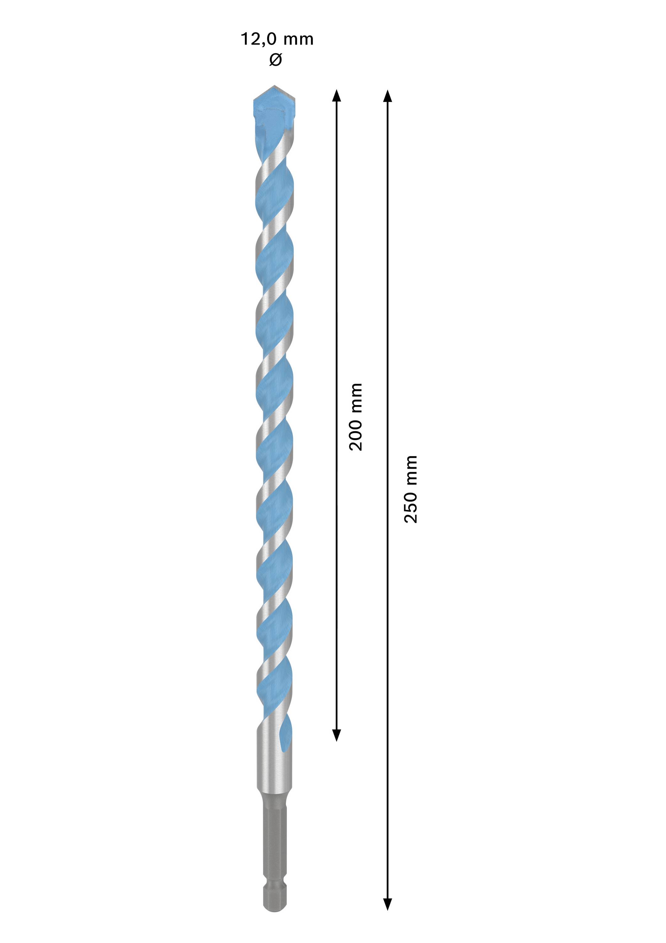 Bohrer mit 250 mm Länge und 12 mm Durchmesser, dargestellt mit Pfeilen zur Messung der Länge und des Durchmessers.