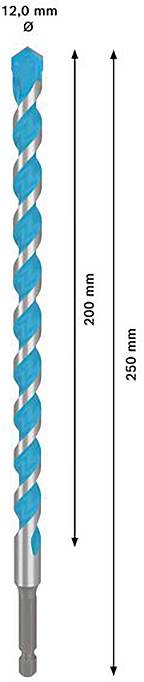 Ein blaues Bohrfutter mit einer Länge von 250 mm und einem Durchmesser von 12 mm ist abgebildet.