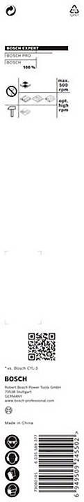 Etikett: Bosch Bohrer, Durchmesser 3,5 mm, geeignet für Stahl, 5er-Pack, hergestellt in China. Enthält QR-Code und Barcodes.