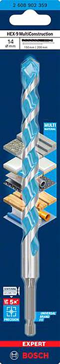 Bohrer mit blauem und silbernem Design, markiert als 'Expert Bosch', geeignet für Metall, Holz, Fliesen, Beton und Kunststoffe.