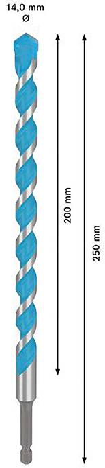 Bohrer mit 14,0 mm Durchmesser und einer Gesamtlänge von 250 mm. Arbeitslänge beträgt 200 mm.
