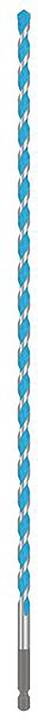 Ein langer, schmaler Bohrer mit einem spiralförmigen blauen und silbernen Muster.