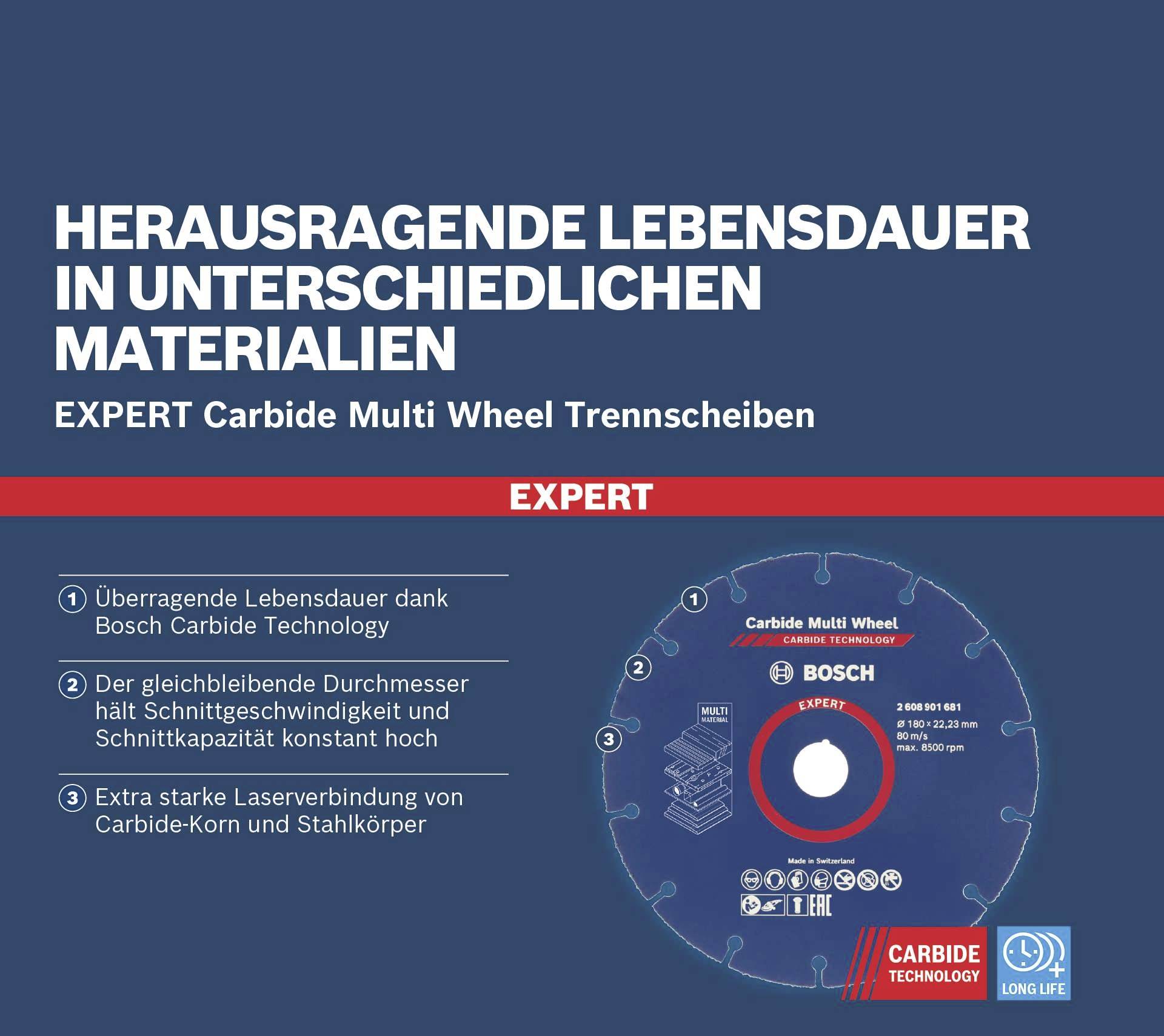 'Herausragende Lebensdauer in unterschiedlichen Materialien.' Expert-Trennscheiben mit Bosch Carbide Technology für längere Haltbarkeit.