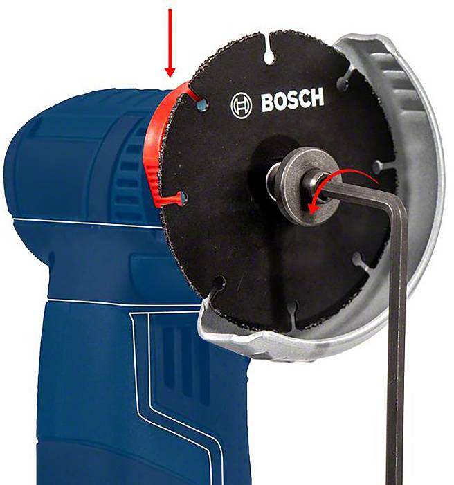 Ein Winkelschleifer mit einer Bosch-Trennscheibe. Ein Pfeil zeigt eine rot markierte Scheibenabdeckung für den sicheren Gebrauch.