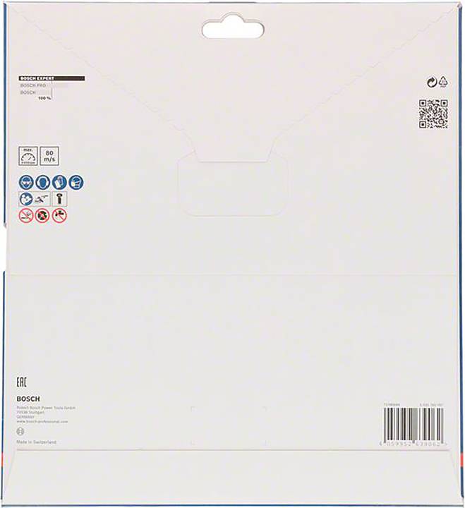 Rückseite einer Bosch-Produkteverpackung mit Symbolen für Recycling, Sicherheitswarnungen und einem Barcode unten rechts.