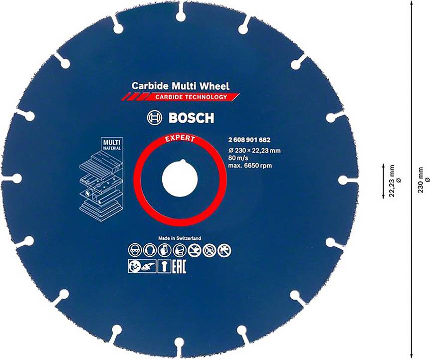 Blaues Kreissägeblatt mit rotem Ring. Aufdruck: 'Carbide Multi Wheel', 'Expert', '230 mm', '80 m/s', 'max. 6650 rpm'.