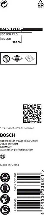 'Bosch Expert'. Verpackungsetikett mit Logo, Text und Strichcode. QR-Code enthalten. Hinweis 'Made in China'. Sicherheits- und Markenzeichen.