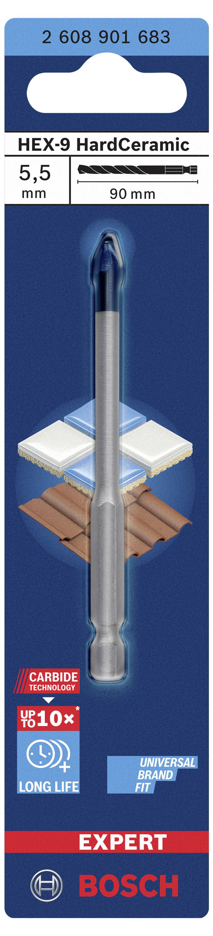 'Bosch HEX-9 HardCeramic Bohrer 5,5 mm' Verpackung zeigt langlebigen Bohrer für Fliesen. Geeignet für kabelloses Arbeiten mit Universalkupplung.