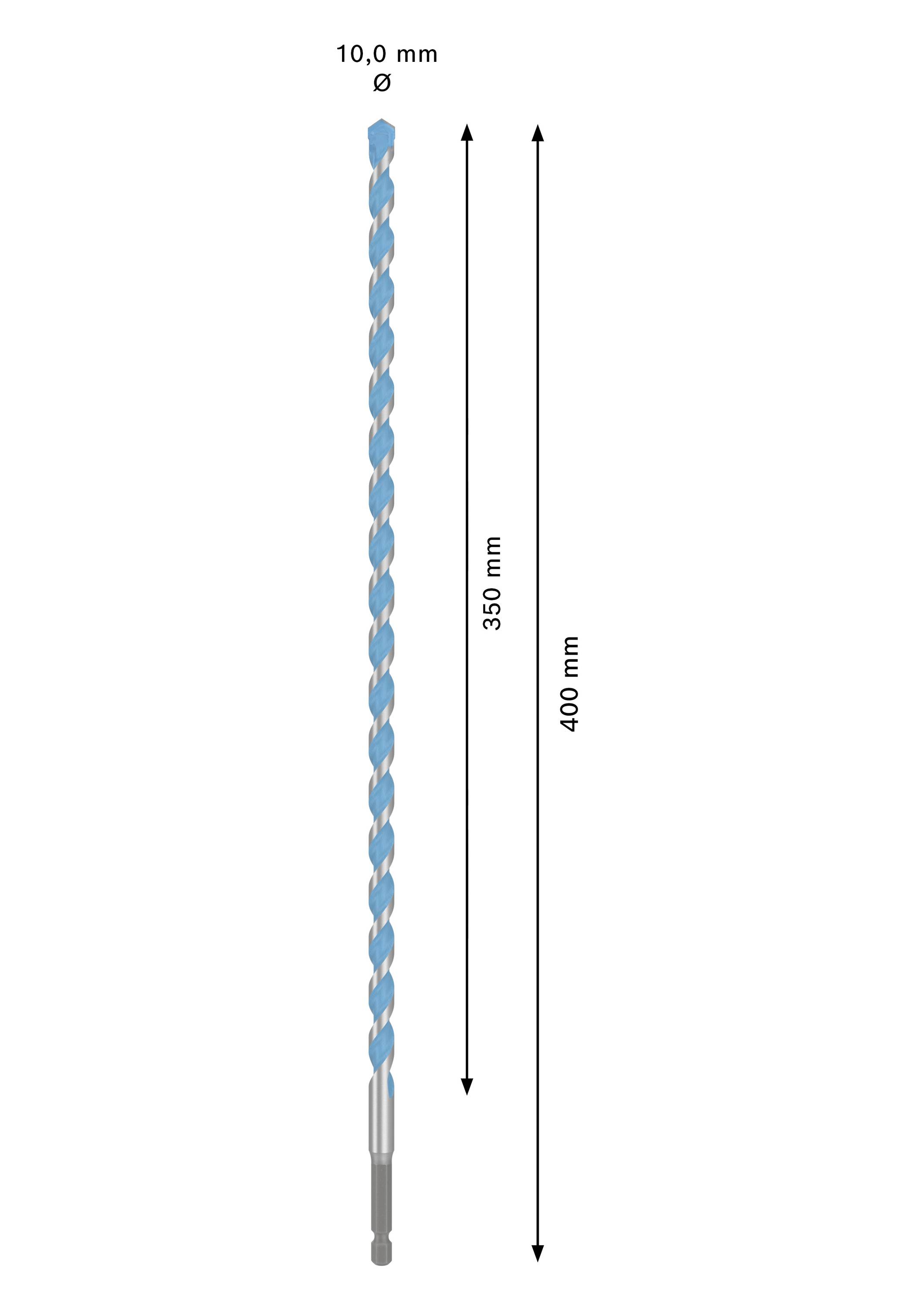 Bohrer mit 10 mm Durchmesser und 400 mm Länge. Die Nutzlänge beträgt 350 mm. Der Bohrer hat eine spiralförmige Struktur.