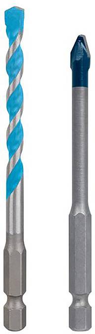 Zwei Bohrer, einer mit Spiralmuster, der andere gerade. Beide haben metallische Hälften und blaue Spitzen.