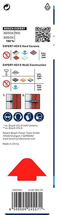 Verpackungsrückseite eines Bosch Bohrers: Enthält Produktspezifikationen, Anwendungsbilder für verschiedene Materialien, QR-Code und Herstellerangaben.