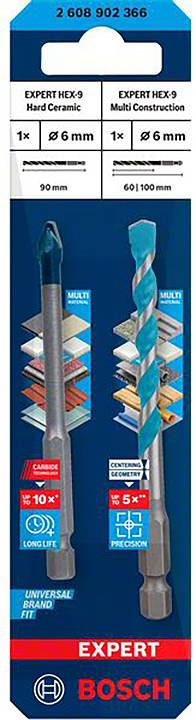 Bohrkopfverpackung mit zwei Bohrern: 'EXPERT HEX9 Hard Ceramic' und 'EXPERT HEX9 Multi Construction', jeweils 1x6mm. Marke Bosch.