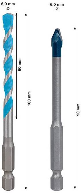Zwei Bohrer: links 60 mm, 6,0 mm Ø, blau, spiralig; rechts 90 mm, 6,0 mm Ø, silbern, spitz. Größenangaben nebeneinander.