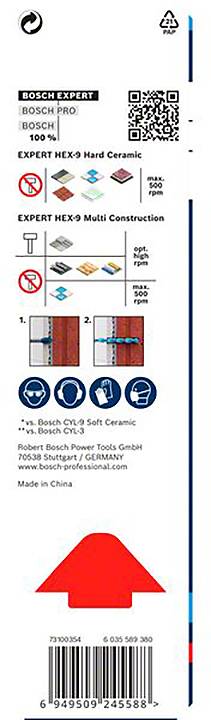 Verpackung für Bosch Expert Hex-9 Bohrer, geeignet für harte Keramik und Mehrfachkonstruktionen. Zeigt Symbole für Anwendung und Kompatibilität.