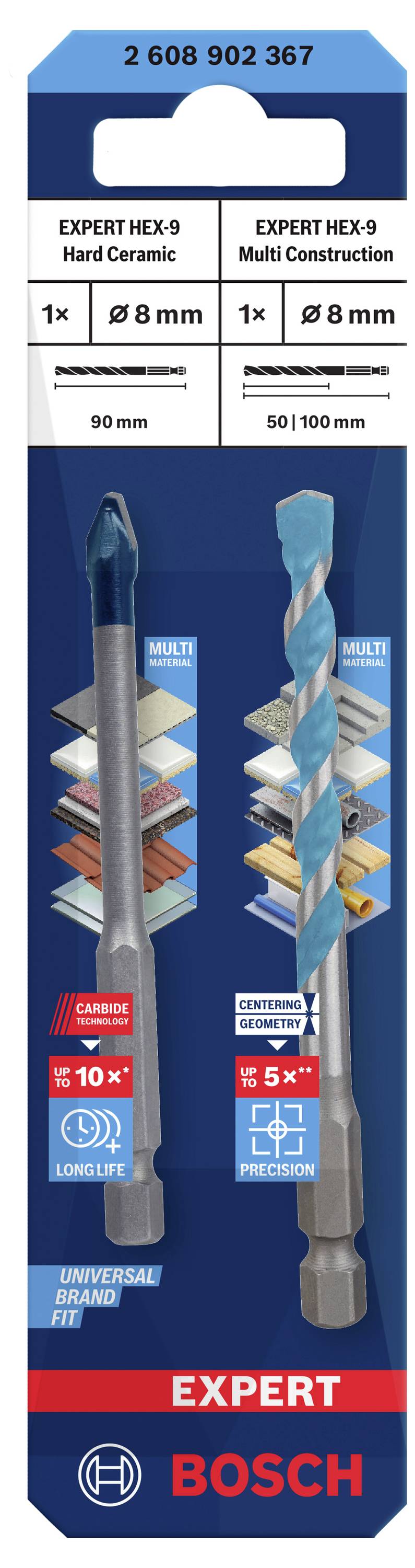 Verpackung von Bosch-Bohrern. Zwei Bohrer abgebildet, links für harte Keramik, rechts für Multi-Konstruktion. Größenangaben und Materialien dargestellt.