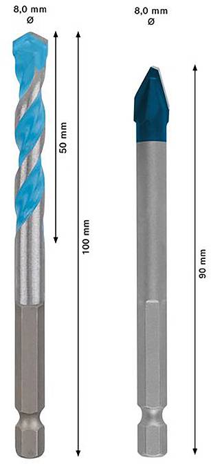 Zwei Bohrer: links ein 8 mm x 100 mm Spiralbohrer; rechts ein 8 mm x 90 mm Meißelbohrer. Beide Bohrer sind grau mit blauen Spitzen.