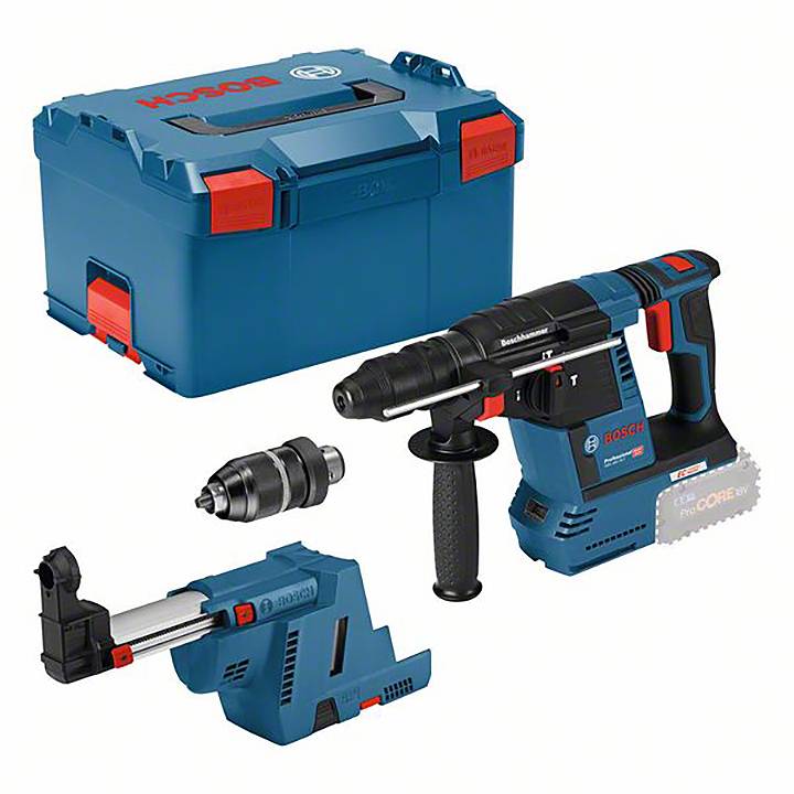 Bohrhammer-Set mit Akku, Ladegerät und Koffer. Hauptbohrhammer in Schwarz und Blau, mit Bosch-Logo, für Bauarbeiten geeignet.