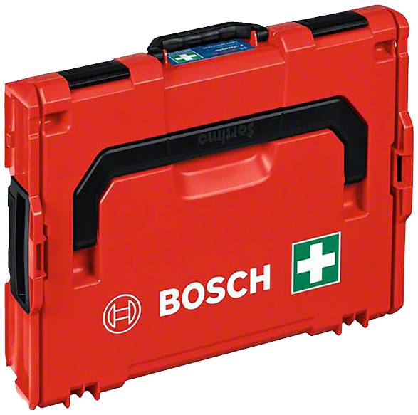 Roter Bosch-Erste-Hilfe-Koffer mit weißem Kreuzsymbol und Firmenlogo.