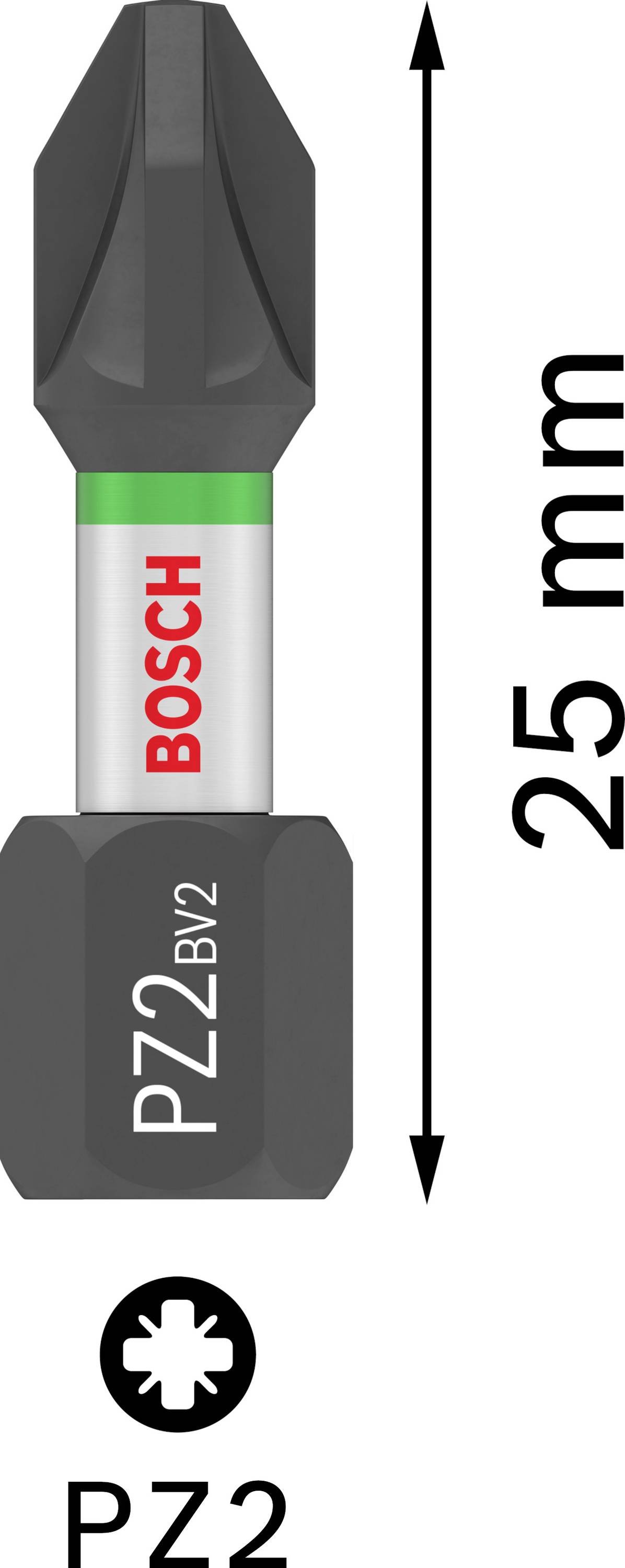 Bosch-TORX-Schrauberbit, PZ2, Länge 25 mm, schwarze Spitze mit grünem Ring und Marke, Kreuzschlitzprofil-Symbol unten mit PZ2-Text.