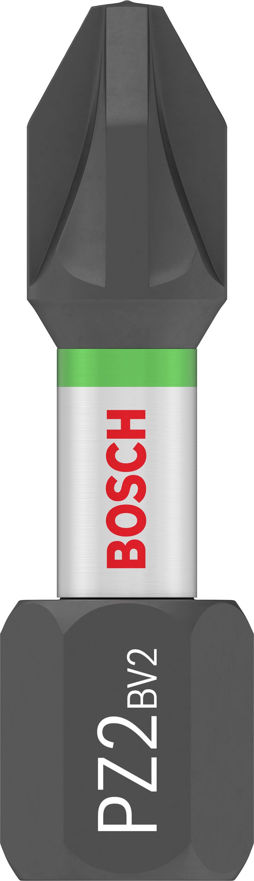 Bitschrauber mit schwarzer Spitze und 'PZ2' Markierung, silberne Mitte mit rotem 'Bosch' Logo, grüner Ring darunter.