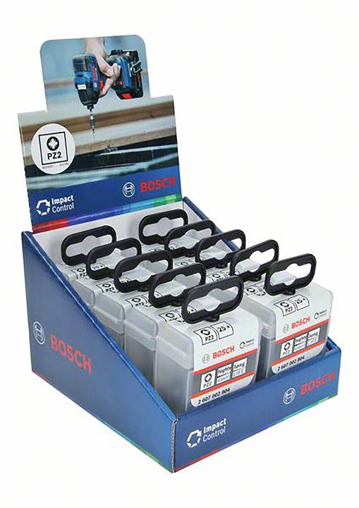 Bauweise eines Verkaufsdisplays mit mehreren Bosch-Werkzeugboxen. Jede Box hat einen Griff und ist mit 'Impact Control' beschriftet.