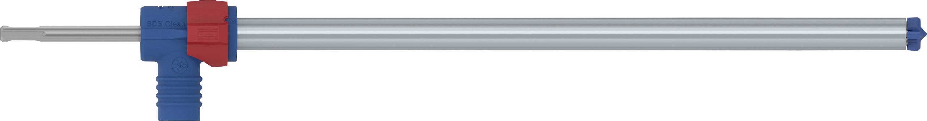 Metallische Schraubzwinge mit blauem Griff und rotem Drehknopf, in horizontaler Position.