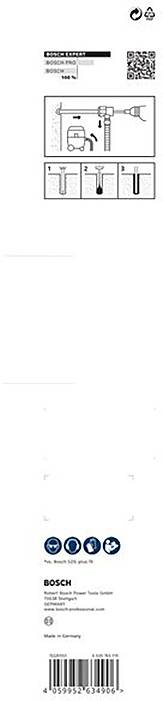 'Bosch' Etikett für Bohrer mit technischer Zeichnung, QR-Code, Bedienungshinweisen und Symbolen für Funktionen und Spezifikationen.