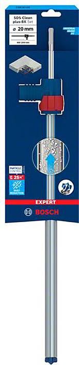 'BOSCH Expert' Einsatzwerkzeug zum Schneiden von Fliesen, in blauem Karton verpackt, Durchmesser 20 mm, zeigt ein Beispiel der Anwendung.
