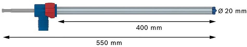 Metallrohr mit blauer Griffmanschette und rotem Anschlussstück. Gesamtlänge 550 mm, davon 400 mm Rohr, Durchmesser 20 mm.