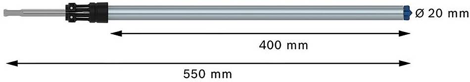 Kolbenstange mit einer Länge von 550 mm und einem Durchmesser von 20 mm. Der Hub beträgt 400 mm.